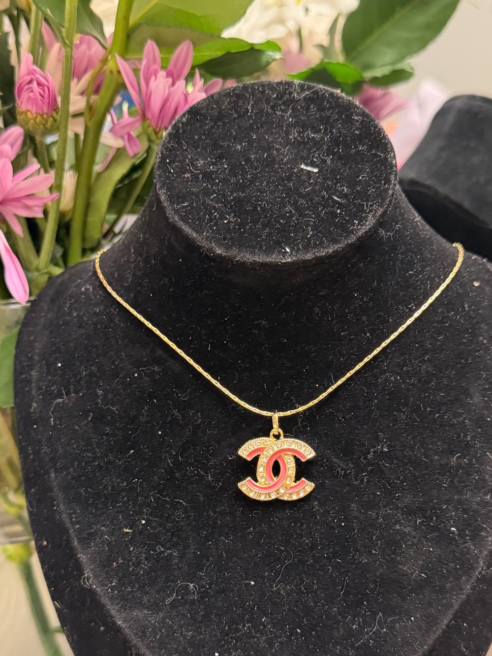 Cc gold pink and diamond charm necklace